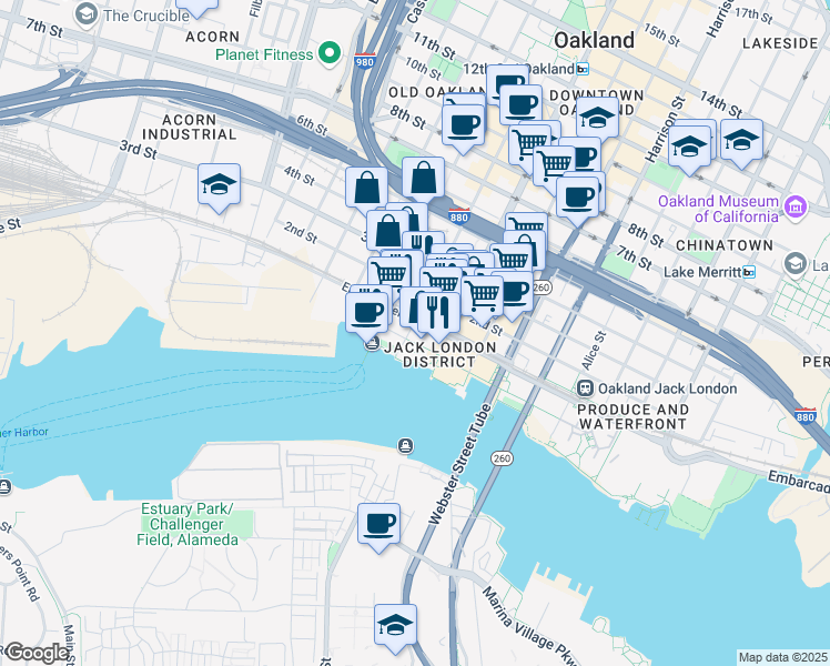 map of restaurants, bars, coffee shops, grocery stores, and more near 53 Washington Street in Oakland