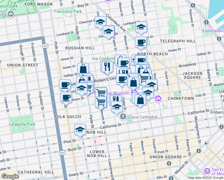 map of restaurants, bars, coffee shops, grocery stores, and more near 1535 Jones Street in San Francisco