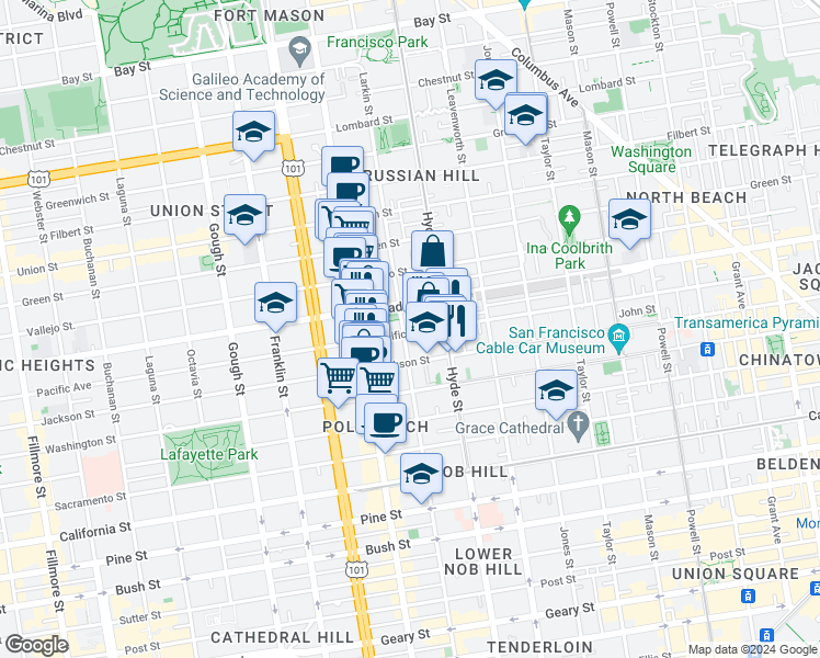 map of restaurants, bars, coffee shops, grocery stores, and more near in San Francisco