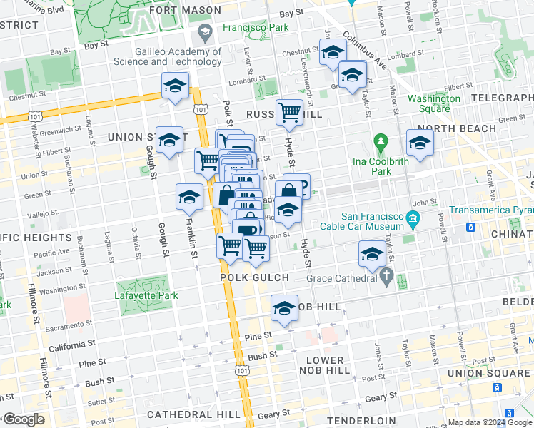 map of restaurants, bars, coffee shops, grocery stores, and more near 1560 Pacific Avenue in San Francisco
