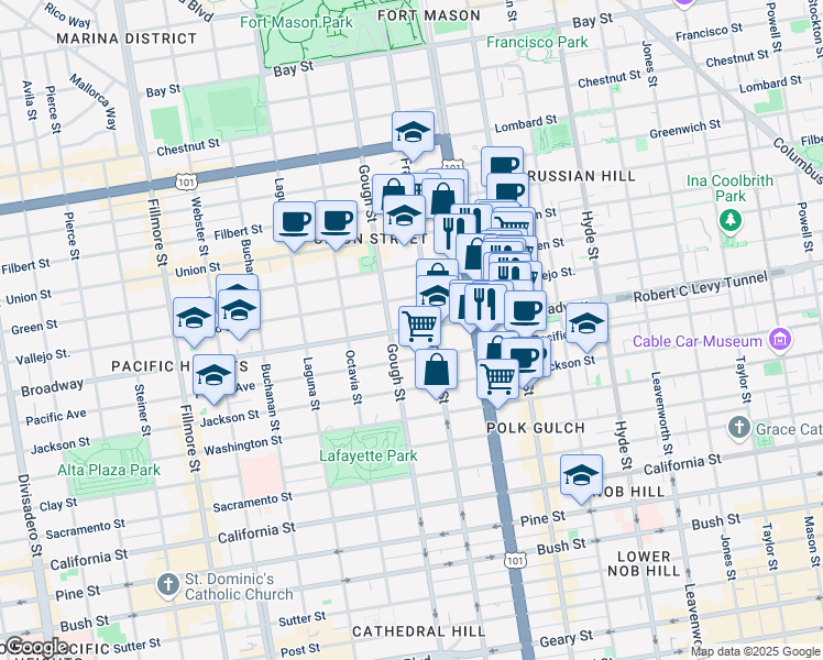map of restaurants, bars, coffee shops, grocery stores, and more near 1730 Broadway in San Francisco