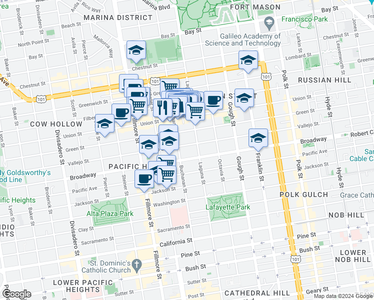 map of restaurants, bars, coffee shops, grocery stores, and more near in San Francisco