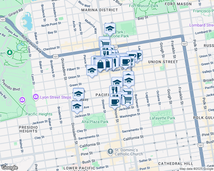 map of restaurants, bars, coffee shops, grocery stores, and more near in San Francisco