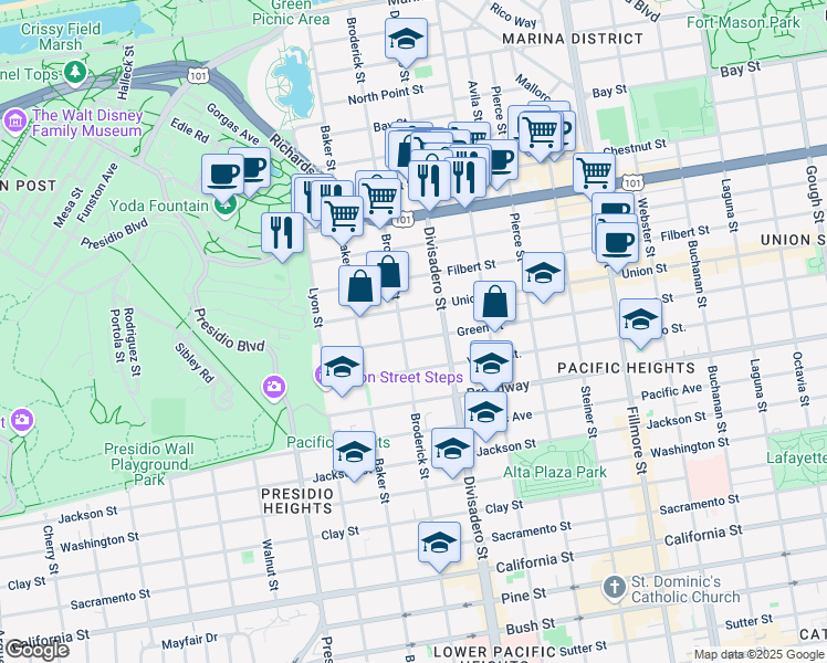 map of restaurants, bars, coffee shops, grocery stores, and more near 2720 Broderick Street in San Francisco
