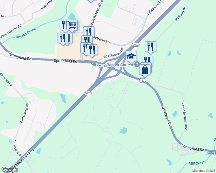 map of restaurants, bars, coffee shops, grocery stores, and more near 101 Manor Drive in Bardstown