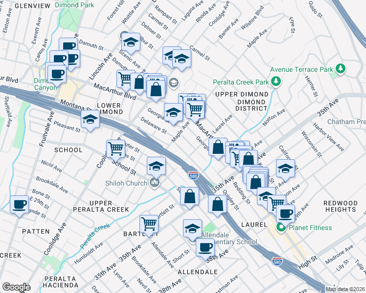 map of restaurants, bars, coffee shops, grocery stores, and more near 3036 Delaware Street in Oakland