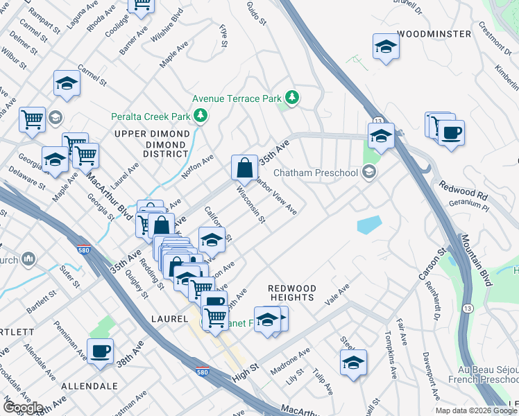 map of restaurants, bars, coffee shops, grocery stores, and more near 3710 Wisconsin Street in Oakland
