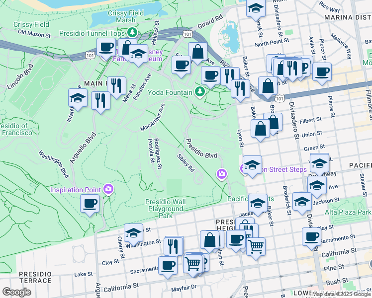 map of restaurants, bars, coffee shops, grocery stores, and more near Lover's Lane in San Francisco