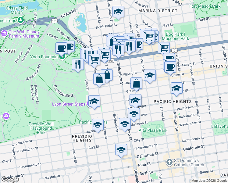map of restaurants, bars, coffee shops, grocery stores, and more near 2680 Green Street in San Francisco