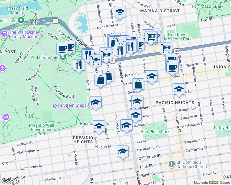 map of restaurants, bars, coffee shops, grocery stores, and more near 2680 Green Street in San Francisco