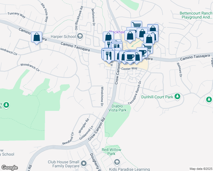 map of restaurants, bars, coffee shops, grocery stores, and more near 165 Heritage Park Drive in Danville