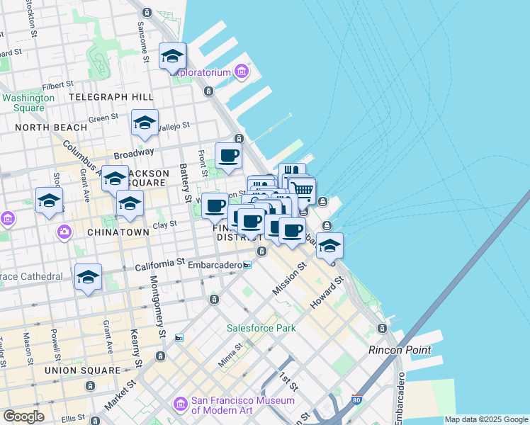map of restaurants, bars, coffee shops, grocery stores, and more near 4 Embarcadero Center in San Francisco