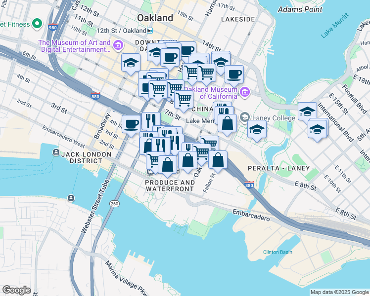 map of restaurants, bars, coffee shops, grocery stores, and more near in Oakland