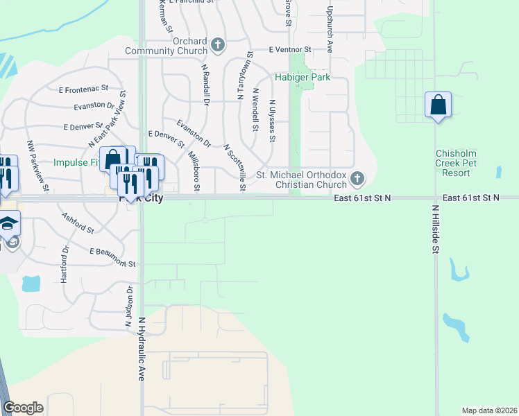 map of restaurants, bars, coffee shops, grocery stores, and more near 2145-2499 East 61st Street North in Park City