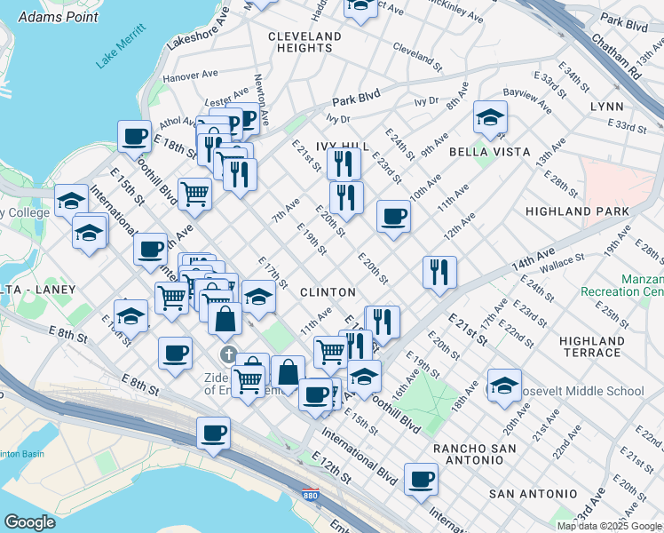 map of restaurants, bars, coffee shops, grocery stores, and more near 1851 10th Avenue in Oakland