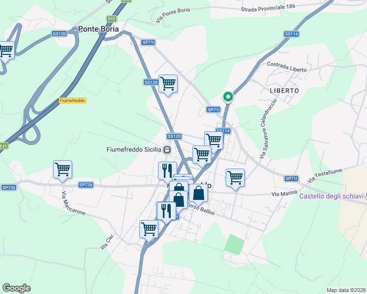map of restaurants, bars, coffee shops, grocery stores, and more near 56 Via Regina Margherita in Fiumefreddo Sicilia
