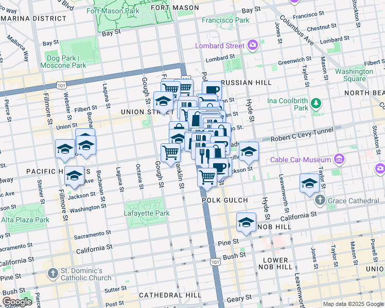 map of restaurants, bars, coffee shops, grocery stores, and more near 2151 U.S. 101 in San Francisco