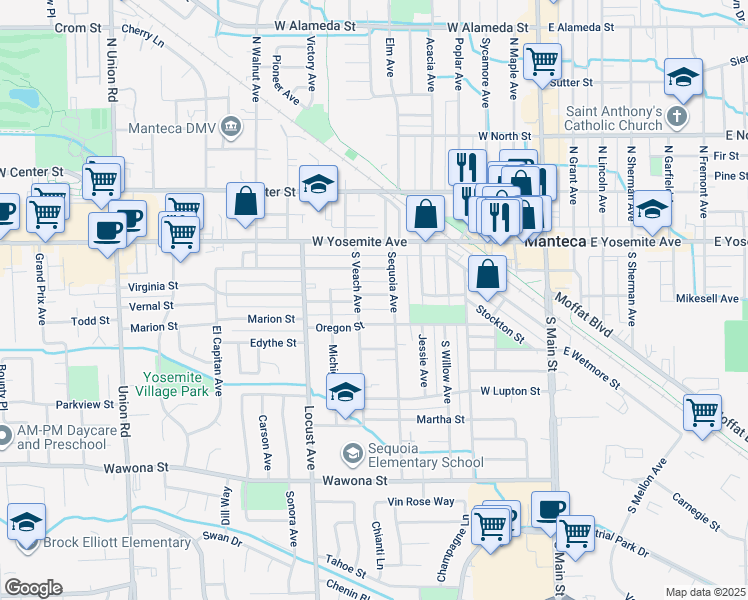 map of restaurants, bars, coffee shops, grocery stores, and more near 618 Virginia Street in Manteca