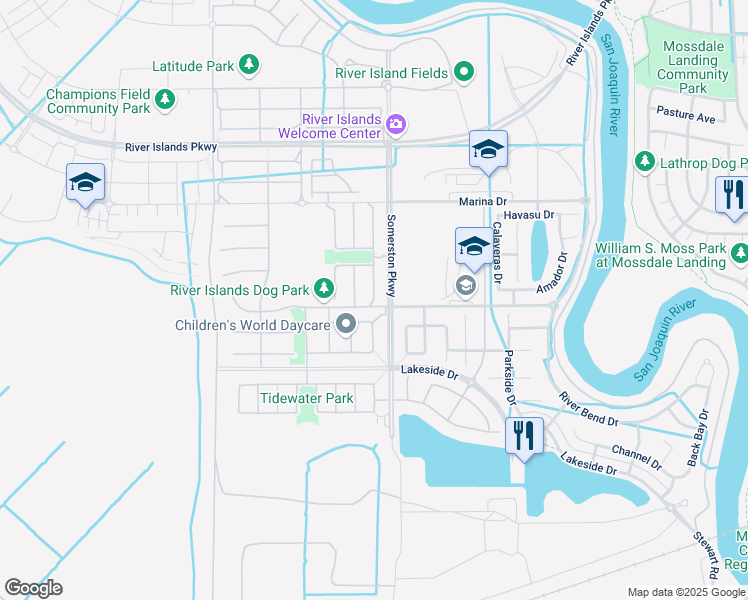 map of restaurants, bars, coffee shops, grocery stores, and more near 18189 Broadwell Court in Lathrop