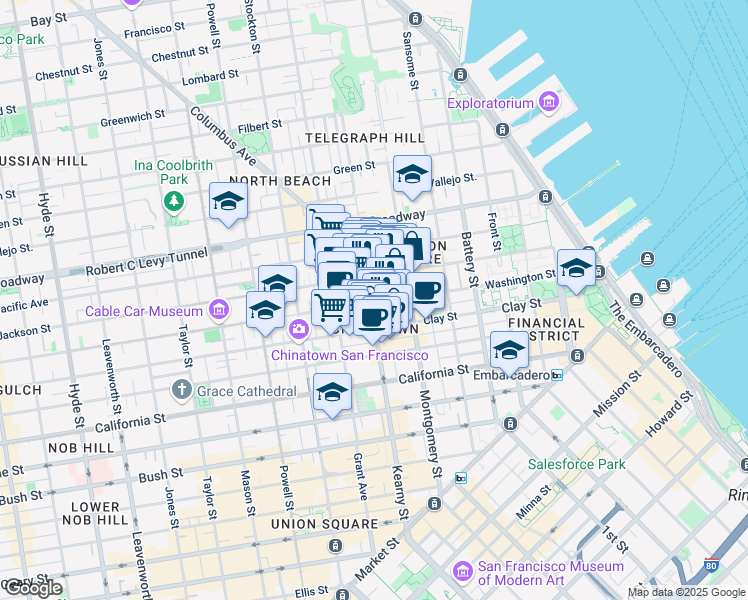map of restaurants, bars, coffee shops, grocery stores, and more near 808 Kearny Street in San Francisco