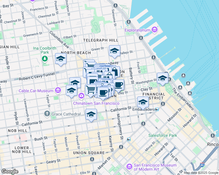 map of restaurants, bars, coffee shops, grocery stores, and more near 628 Washington Street in San Francisco