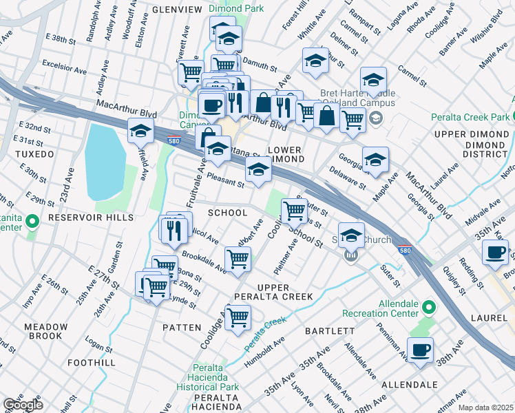 map of restaurants, bars, coffee shops, grocery stores, and more near 2938 School Street in Oakland