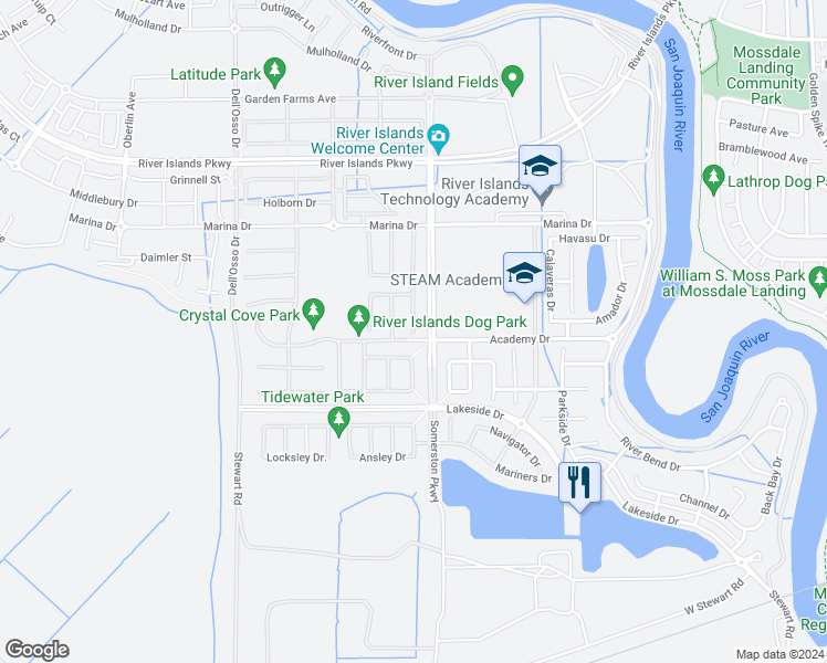 map of restaurants, bars, coffee shops, grocery stores, and more near 18189 Broadwell Court in Lathrop