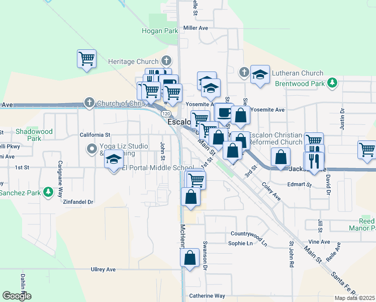 map of restaurants, bars, coffee shops, grocery stores, and more near 1529 South Weiss Way in Escalon