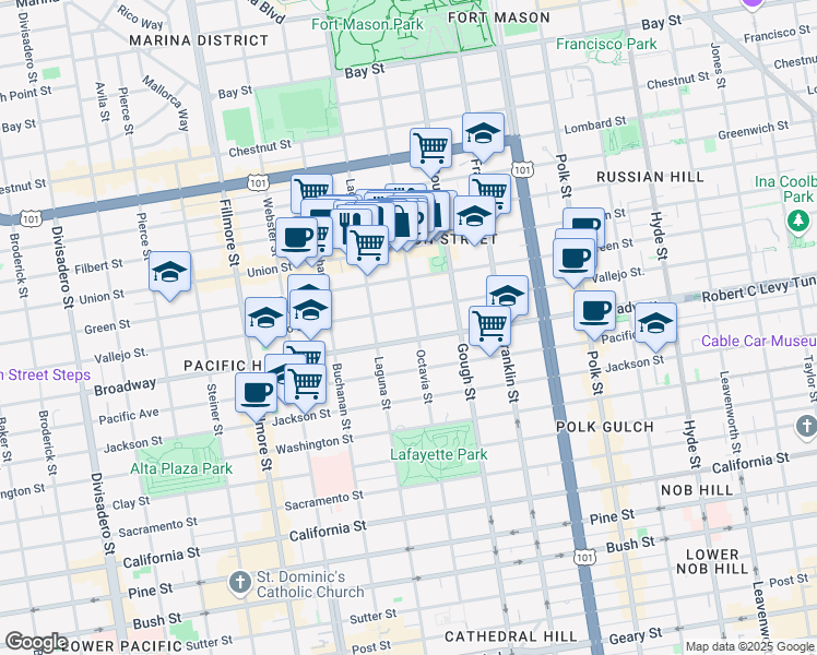 map of restaurants, bars, coffee shops, grocery stores, and more near 2511 Octavia Street in San Francisco