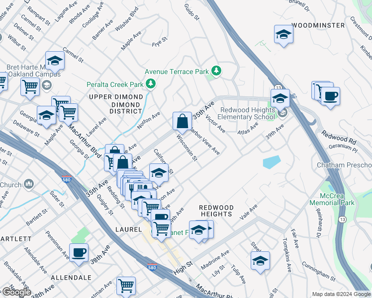 map of restaurants, bars, coffee shops, grocery stores, and more near 3633 Wisconsin Street in Oakland