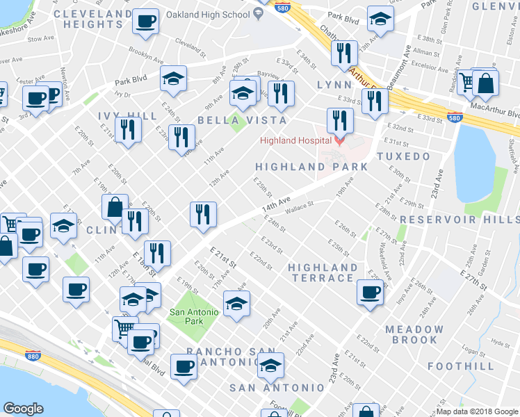 map of restaurants, bars, coffee shops, grocery stores, and more near 2405 14th Avenue in Oakland