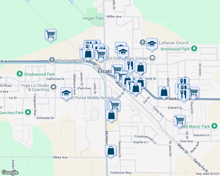 map of restaurants, bars, coffee shops, grocery stores, and more near 1529 South Weiss Way in Escalon