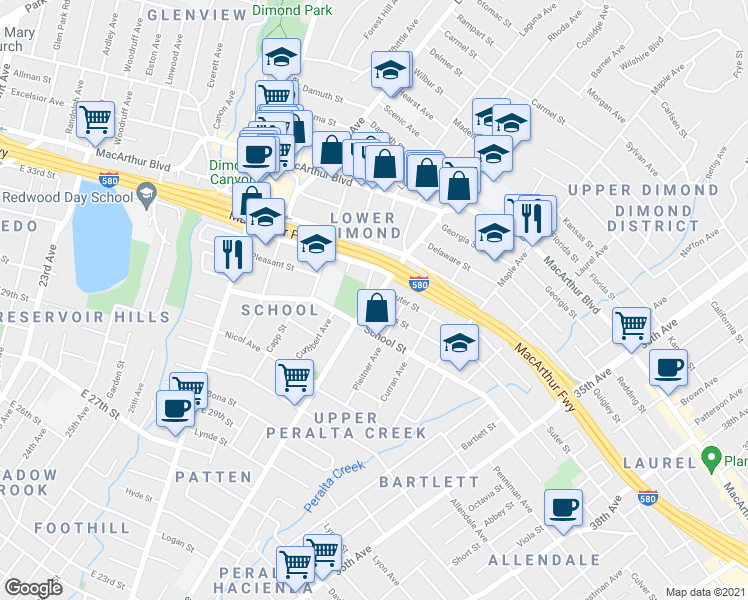 map of restaurants, bars, coffee shops, grocery stores, and more near in Oakland