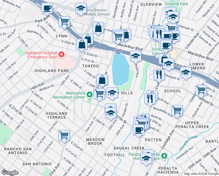 map of restaurants, bars, coffee shops, grocery stores, and more near in Oakland