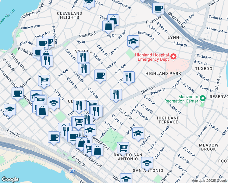 map of restaurants, bars, coffee shops, grocery stores, and more near 2118 12th Avenue in Oakland