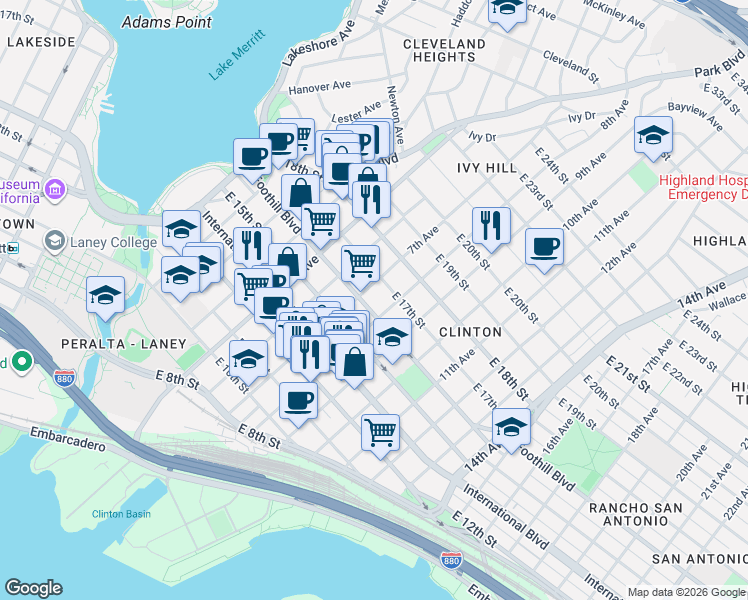 map of restaurants, bars, coffee shops, grocery stores, and more near in Oakland