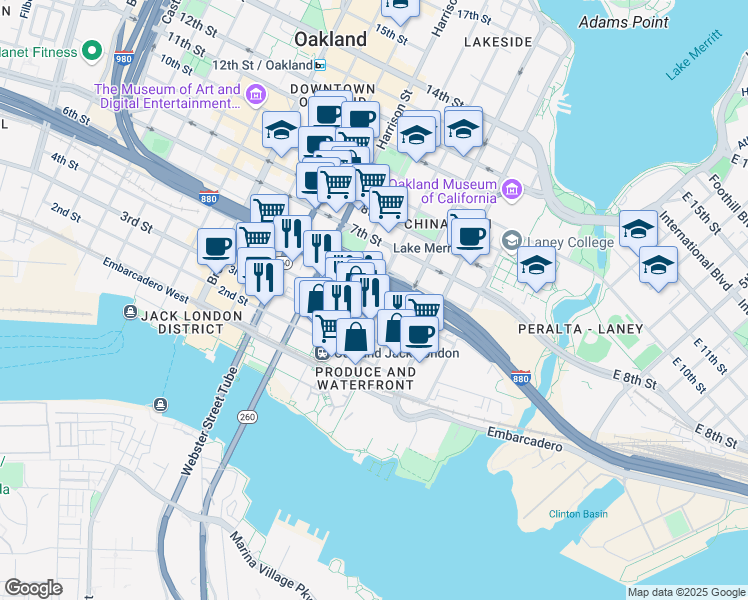 map of restaurants, bars, coffee shops, grocery stores, and more near in Oakland