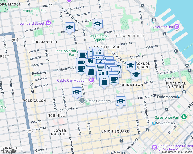 map of restaurants, bars, coffee shops, grocery stores, and more near in San Francisco
