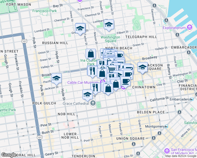 map of restaurants, bars, coffee shops, grocery stores, and more near 1024 Jackson Street in San Francisco