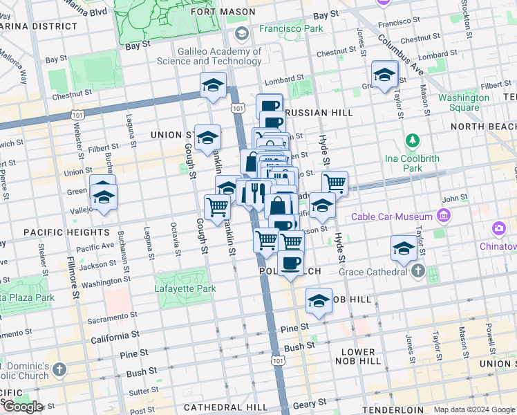 map of restaurants, bars, coffee shops, grocery stores, and more near in San Francisco