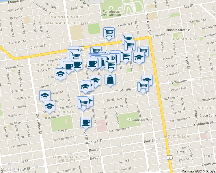 map of restaurants, bars, coffee shops, grocery stores, and more near in San Francisco