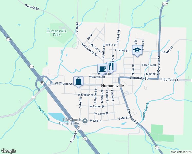 map of restaurants, bars, coffee shops, grocery stores, and more near 799 West Buffalo Street in Humansville