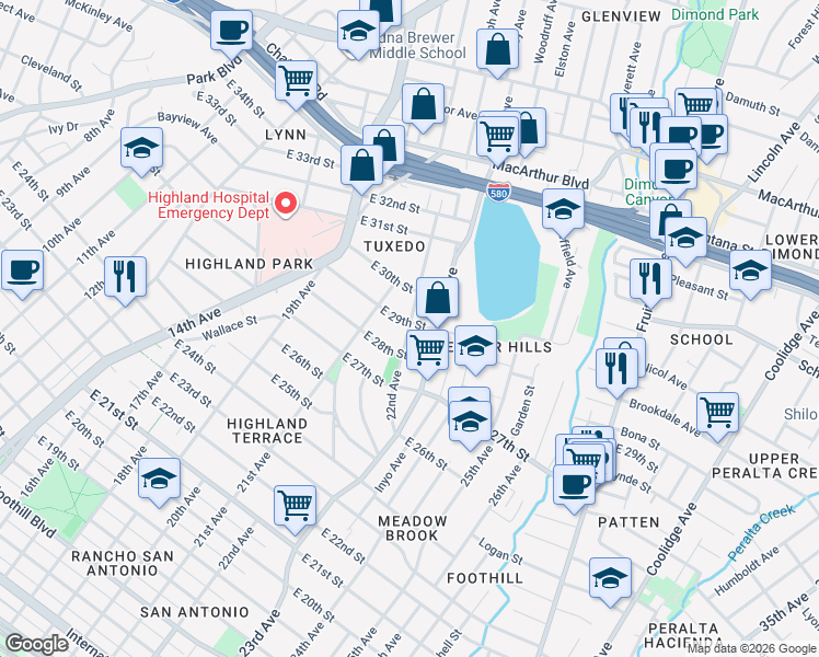 map of restaurants, bars, coffee shops, grocery stores, and more near 2839 22nd Avenue in Oakland