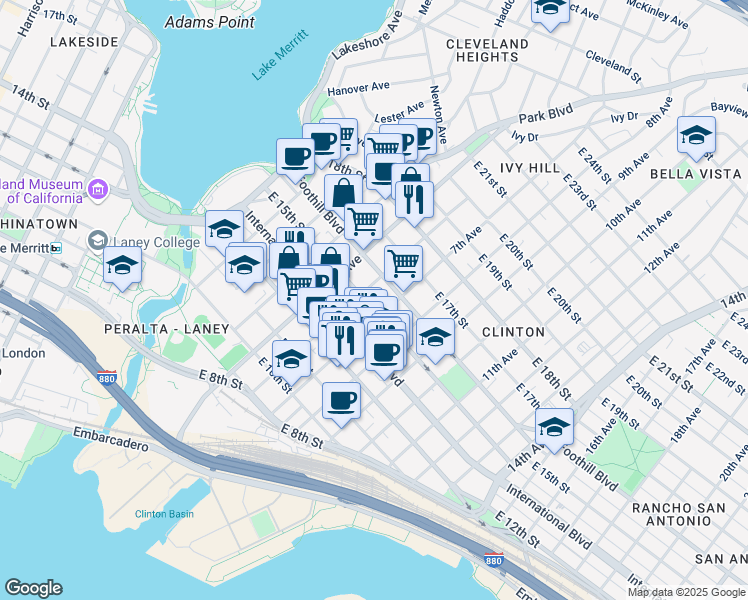 map of restaurants, bars, coffee shops, grocery stores, and more near 616 East 15th Street in Oakland