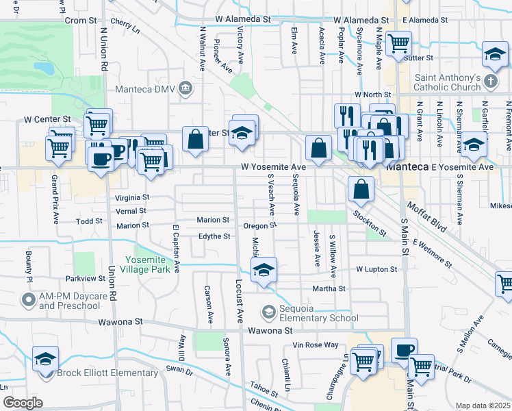 map of restaurants, bars, coffee shops, grocery stores, and more near 717 Virginia St in Manteca