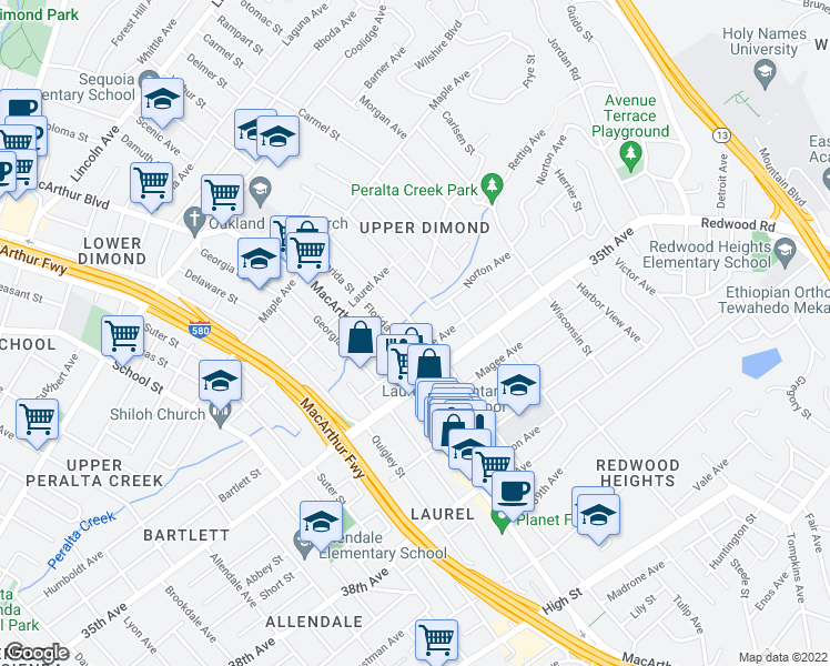 map of restaurants, bars, coffee shops, grocery stores, and more near 3331 Kansas Street in Oakland