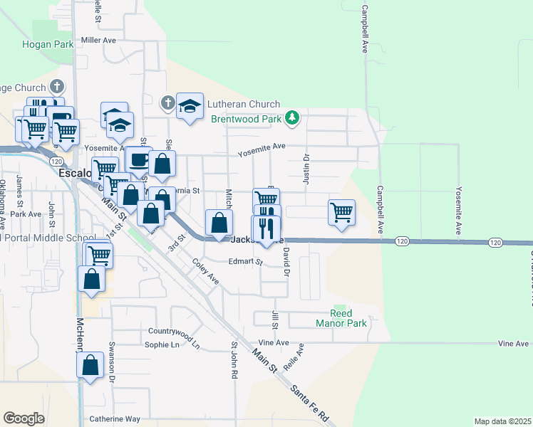 map of restaurants, bars, coffee shops, grocery stores, and more near 1527 Elizabeth Avenue in Escalon