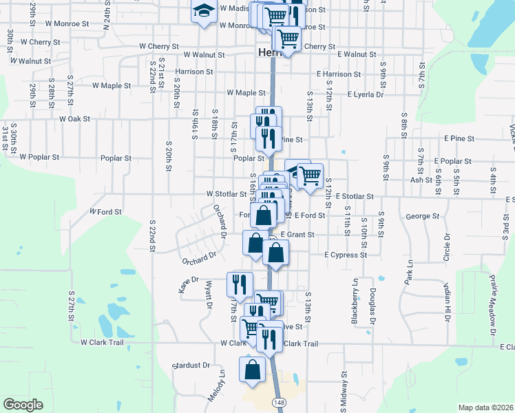 map of restaurants, bars, coffee shops, grocery stores, and more near 812 South 16th Street in Herrin