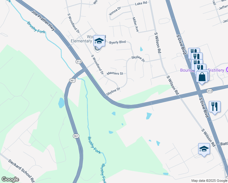 map of restaurants, bars, coffee shops, grocery stores, and more near 203 Skyline Drive in Radcliff