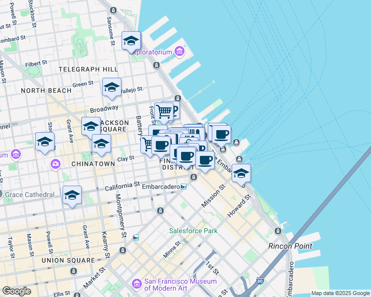 map of restaurants, bars, coffee shops, grocery stores, and more near Clay Street & Drumm Street in San Francisco